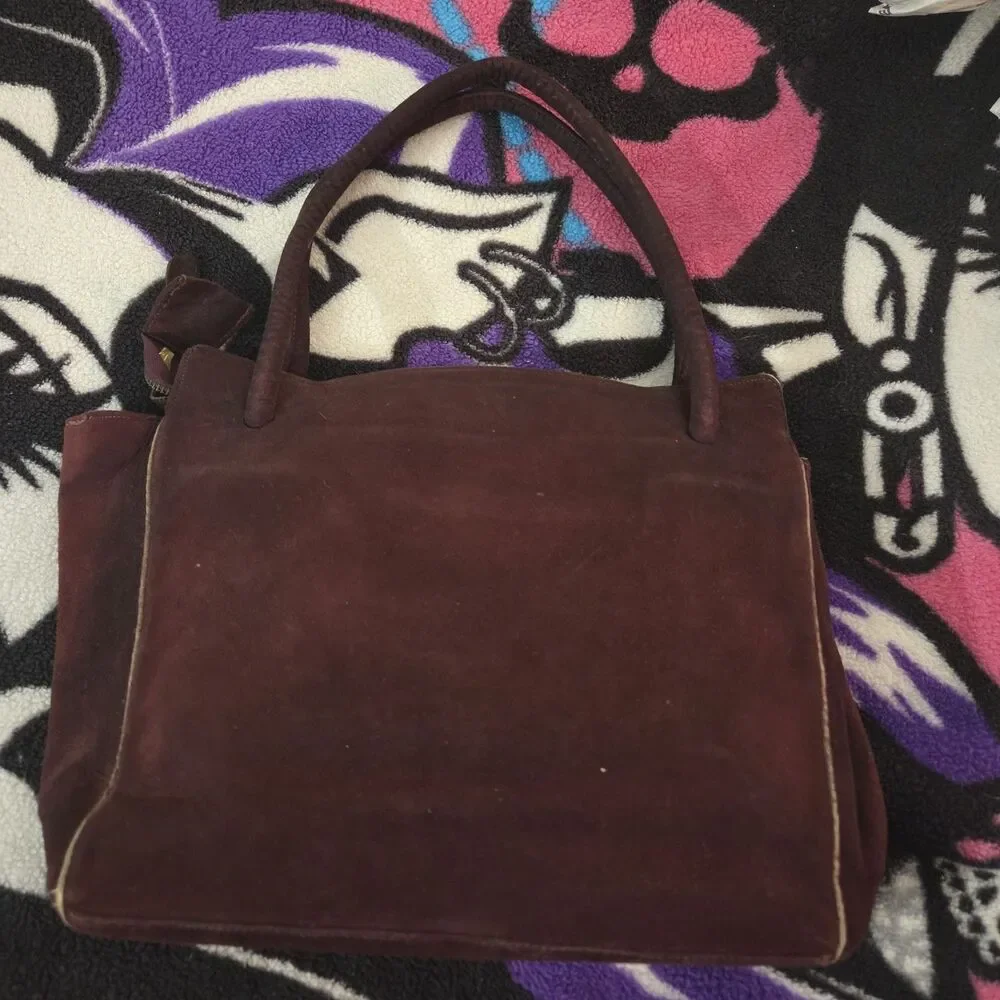 Vintage 80s Burgundy Suede Pleated Slouchy Tote Bag Zip Top Y2K Boho